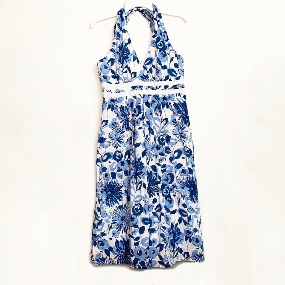 London Times White/Blue Floral Coastal Beach 100% Cotton Halter Top Dress sz 12